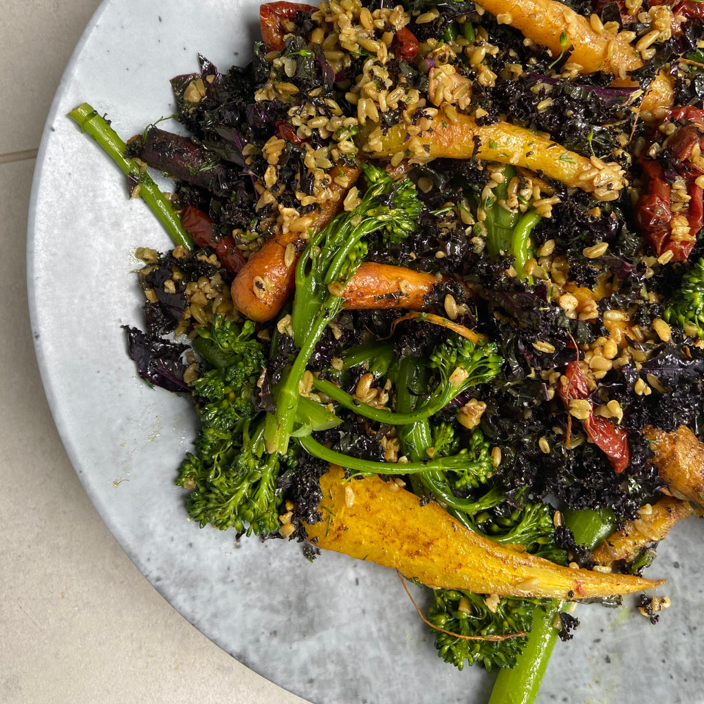 Spiced heritage carrots, freekah, kale and tenderstem broccoli